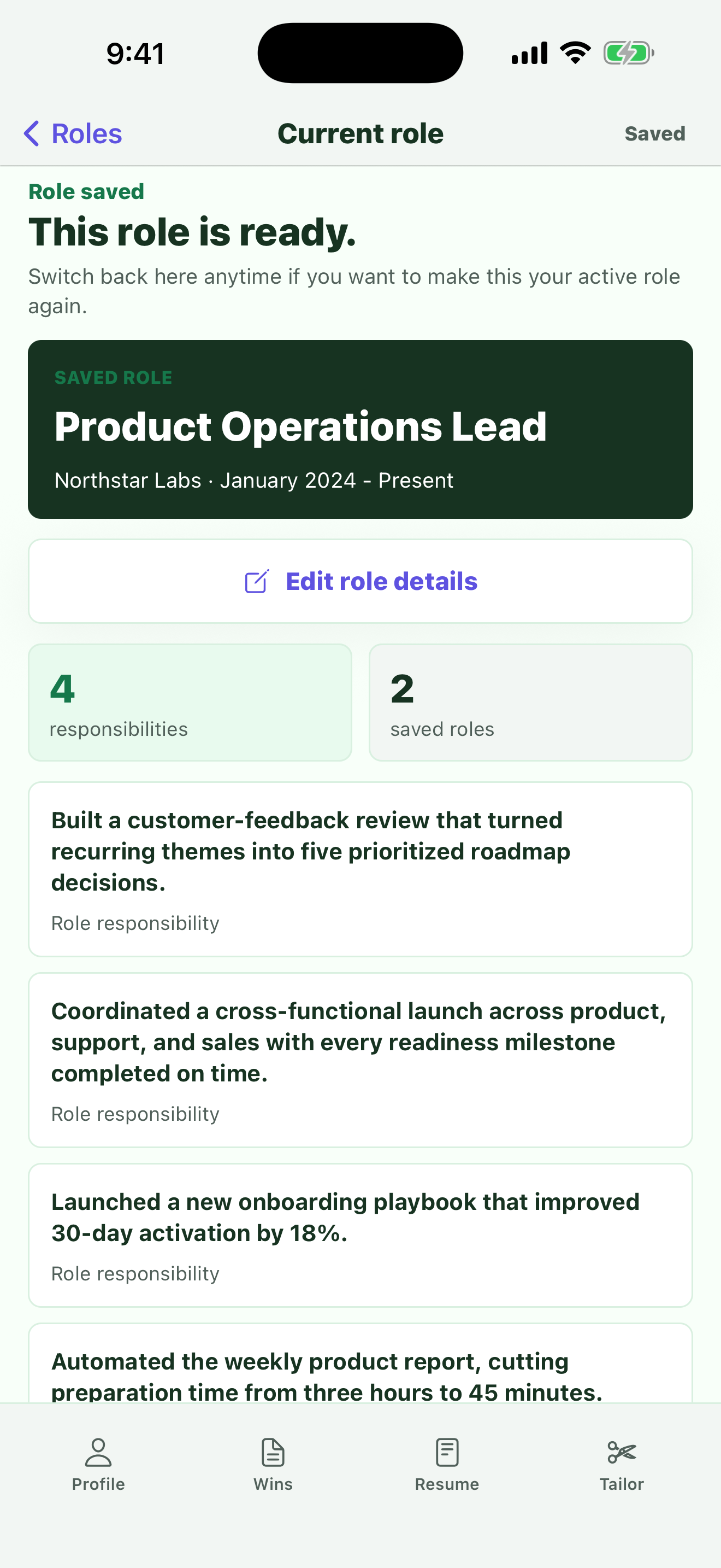 A fictional product operations role with responsibilities and career wins