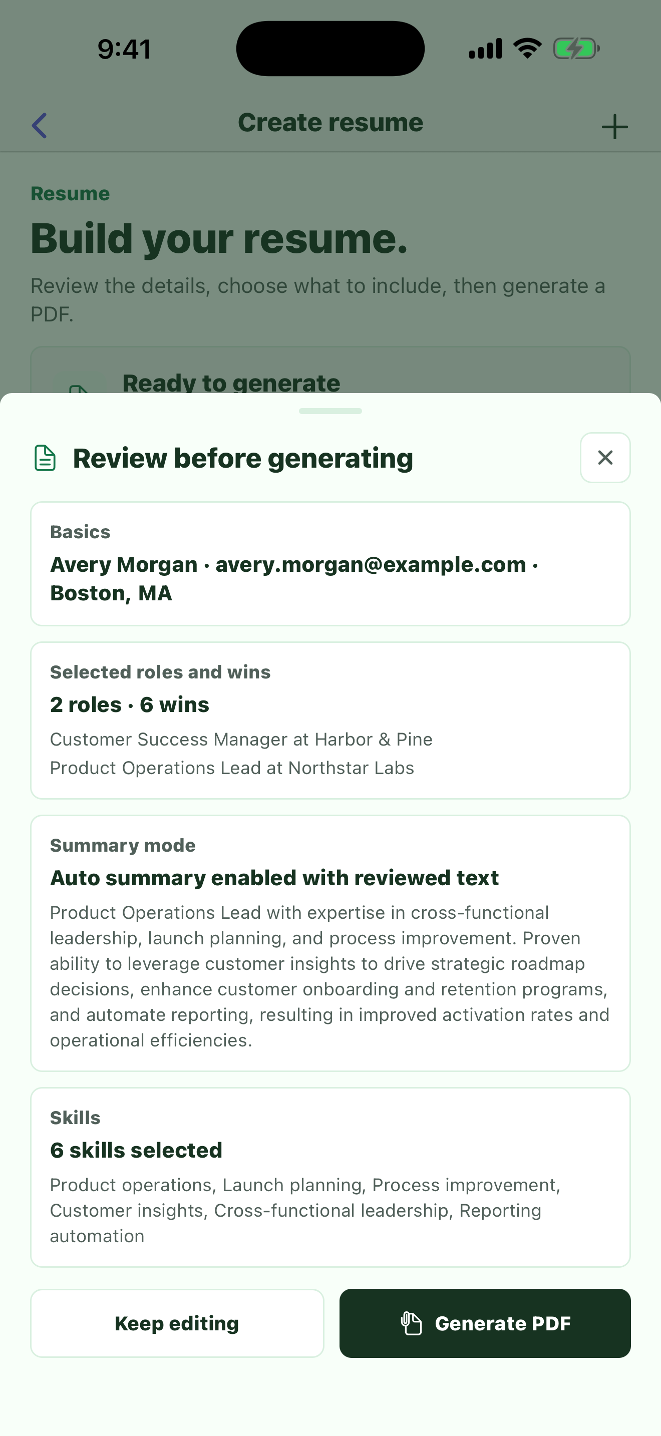 Didwell reviewing fictional resume content before export